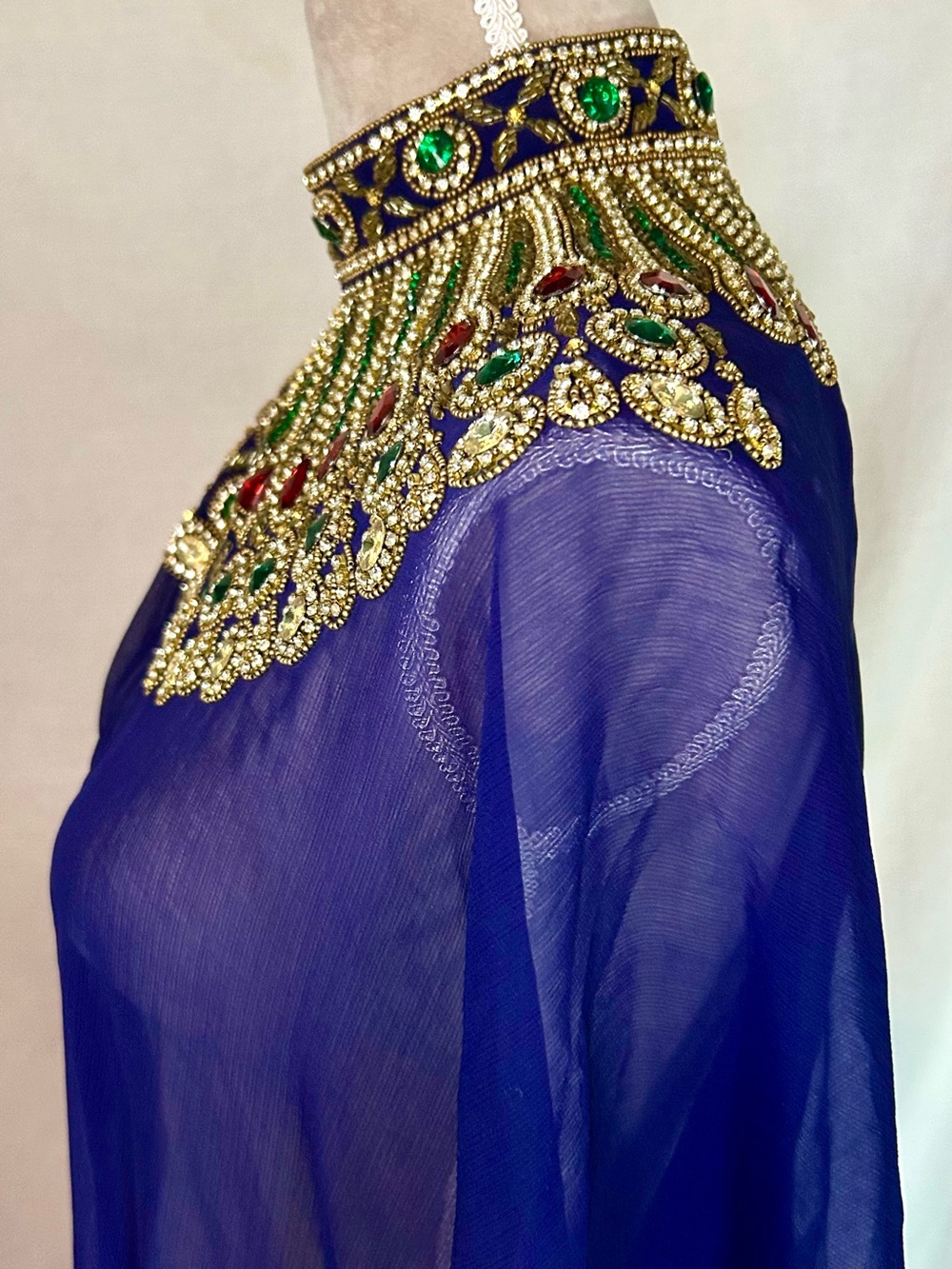 Royal Blue Sheer Hand Beaded Gold, Multicolor Farasha Kaftan Gown, Free Size - Picture 8 of 17